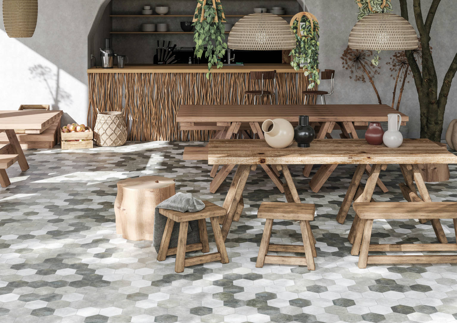 Seville 5.5X6.3” Grey, Black, and White Hexagon | Quality Carpet Inc.