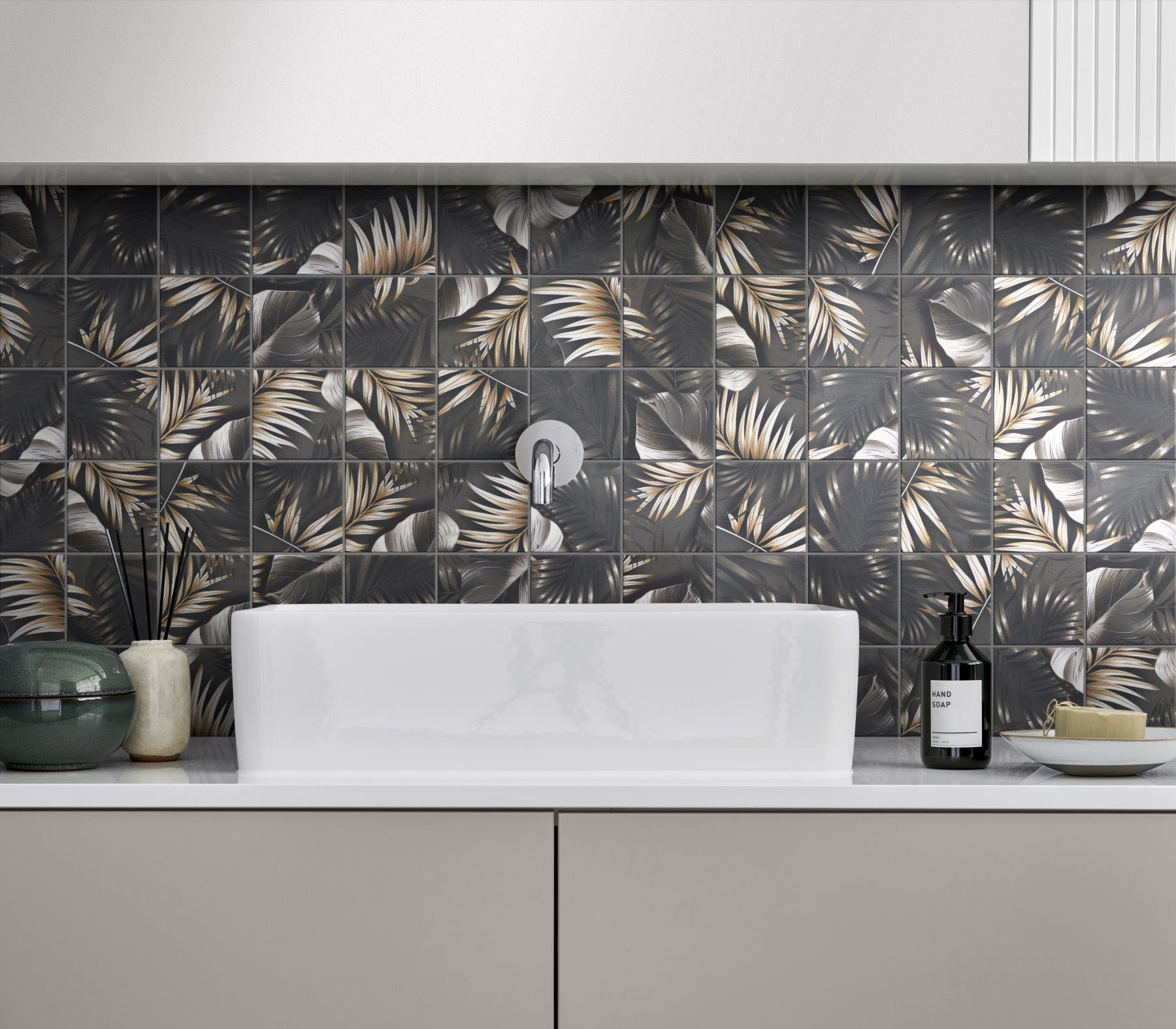 4"x4" Floral Palm Grey Beige Mosaic  | Quality Carpet Inc.