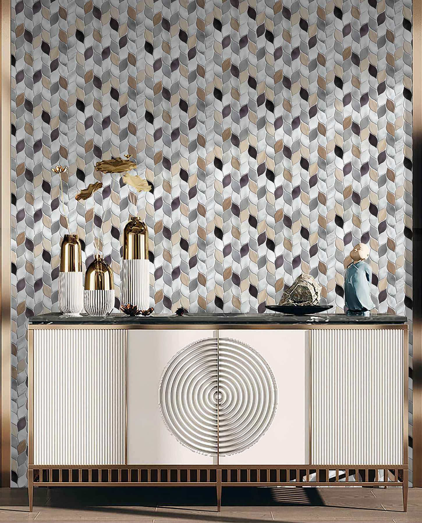 Aluminum & Marble Leaves Silver Grey Brown Mosaic 11 | Quality Carpet Inc.